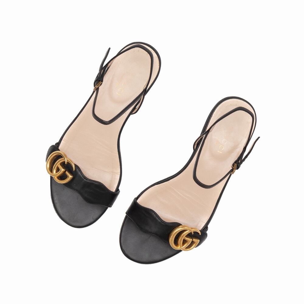 Gucci Black Leather GG Marmont Ankle Strap Flat Sandals Size 35 US 5 - Picture 7 of 16